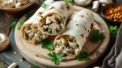 Creative Christmas appetizer Lavash wrapped with chicken and mushroom salad top view