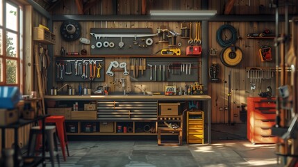 Obraz premium Well-Equipped Workshop with Tools and Storage.