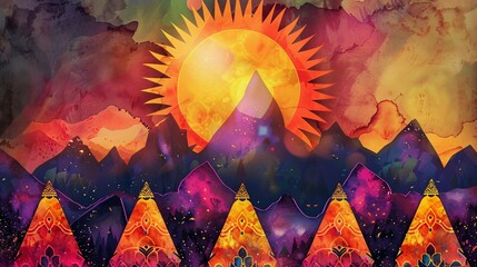 Watercolor Sunset over Mountain Range