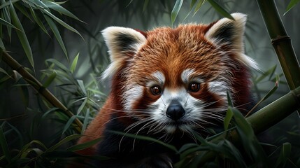 Fototapeta premium A serene forest scene with a rare red panda climbing bamboo, soft morning light, intricate details, mid-range shot, vivid colors, realistic digital painting