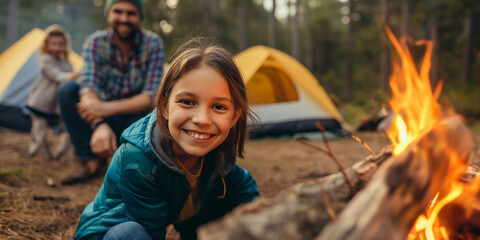 family camping in nature with moments of family warmth and children playing
