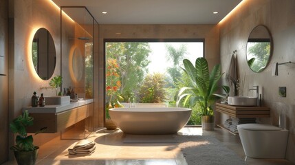 Modern bathroom with freestanding bathtub and natural light.