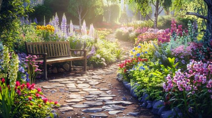Obraz premium Bench in a Flower Garden.
