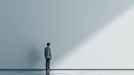 Man standing in front of illuminated white wall with light behind him concept of travel and exploration