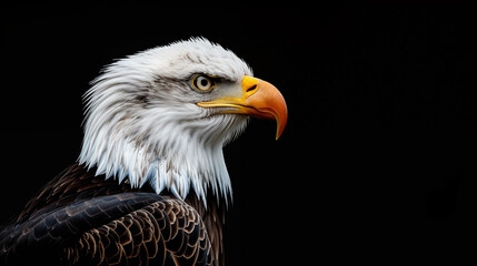 Obraz premium 威厳あるハクトウワシの顔をクローズアップした黒背景のポートレート風リアルイラスト