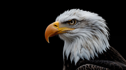Fototapeta premium 威厳あるハクトウワシの顔をクローズアップした黒背景のポートレート風リアルイラスト