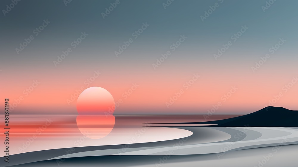 Canvas Prints minimal digital illustration of a serene beach sunset with soft pastel colors and simple geometric s