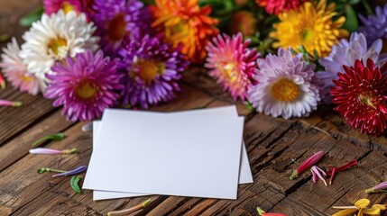 Aster flowers in various colors with a white greeting card on a wooden table with a dark background Fall floral postcard display