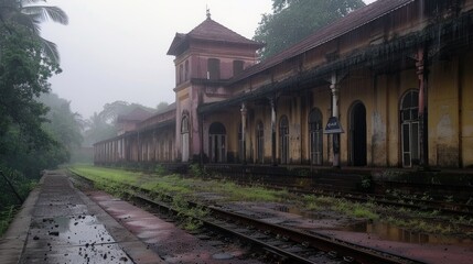 Fototapeta premium Old train station building view post rainfall