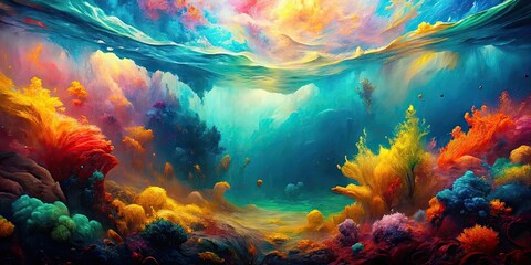 Abstract underwater painting with vibrant colors mixing together in motion , Paint, ink, water, abstract, vibrant, colors, mixing