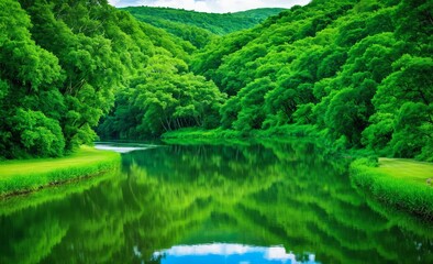 Obraz premium Serene River with Lush Green Reflections