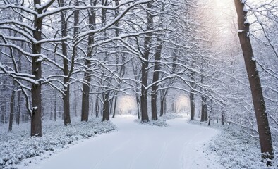 Snow-Covered Forest Path in Winter