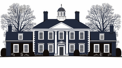 Elegant colonial mansion illustration with symmetrical design, navy blue and white color scheme, historic architecture, high-quality print, decorative artwork, traditional style, classic decor, detail