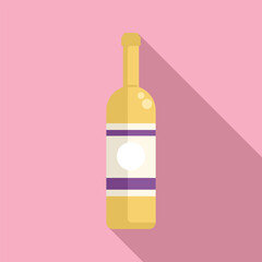 Glass wine bottle with blank label standing on pink background, flat design illustration