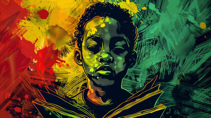 Dramatic Illustration of African American children and book, with colorful background elements, colored people with green faces