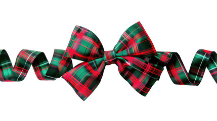 Festive green and red tartan ribbon bow, perfect for Christmas decorations, gifts, and holiday crafts. High-quality stock photo for seasonal projects.
