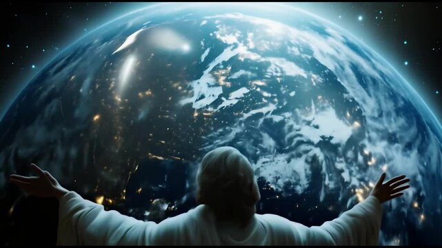 Jesus Christ Standing Before Earth in Outer Space, Celestial Scene, Spiritual