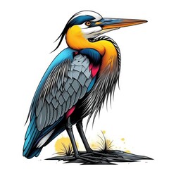 Fototapeta premium Colorful cute heron, vector, white, colorful, detailed, graffiti, portrait sitting on the ground, cartoon, fantasy, shirt, icon, detailed