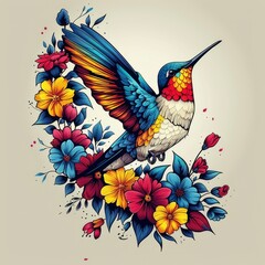 Obraz premium Colorful cute hummingbird, vector, white, colorful, detailed, graffiti, portrait sitting on the ground, cartoon, fantasy, shirt, icon, detailed