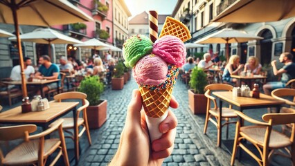 Colorful Ice Cream Cone with Scenic Outdoor Café Background