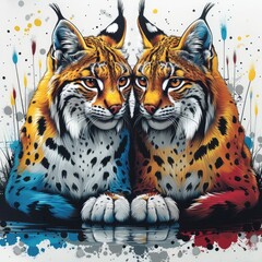  Colorful cute lynx, vector, white, colorful, detailed, graffiti, portrait sitting on the ground, cartoon, fantasy, shirt, icon, detailed