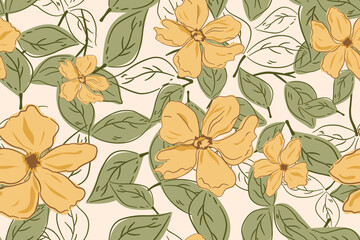 Seamless pattern design with beautiful flowers and leaves. floral and leaf patterns design for fabric, cotton, wallpaper, satin, gift wrap, carpet, backgrounds .	