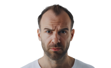 Serious Man with Furrowed Brow in White T-Shirt, Concerned Expression