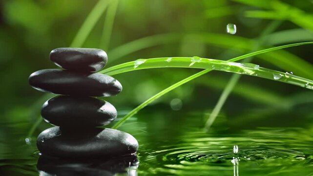 Spa still life with zen stone and green leaves