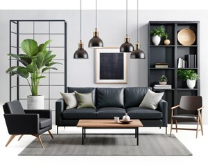 Minimalist Living Room Design With Black Leather Sofa and Pendant Lights. Generative AI