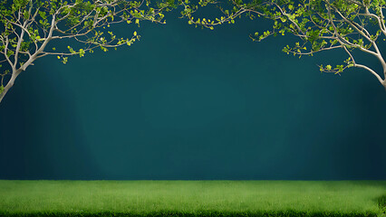Obraz premium a big green leafy tree with color isolate background , tree branches on a green lawn ,a serene and picturesque scene