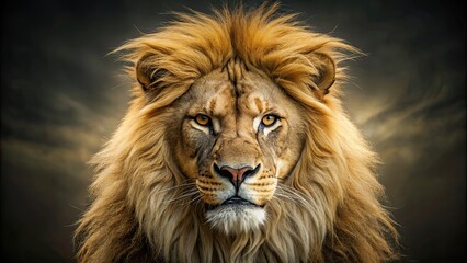 Fototapeta premium Angry-faced lion with pure golden fur exuding a massive look, lion, golden, angry, face, fur, massive, wild, animal