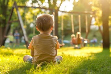 Happy and joyful three-year-old boy sitting on the grass in a park, children playing on swings in the background, sunny day.