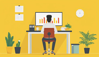 Man working at computer in a home office with graphs on screen, plants and clock on yellow wall, productivity concept.