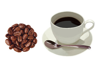 ホットコーヒーとコーヒー豆（深煎り）