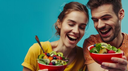 a sporty cheerful Caucasian couple with white teeth enjoying a healthy lunch with fruits and vegetables