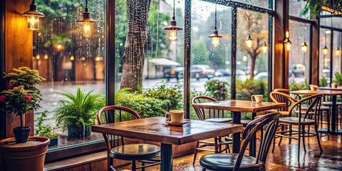 Cozy cafe interior on a rainy day , raining, cafe, interior, cozy, atmosphere, warm, ambiance, rustic, wooden, tables, chairs