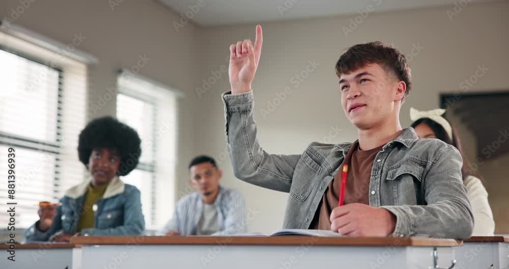 Poster education, student and question with student at desk of classroom in school for development, learnin