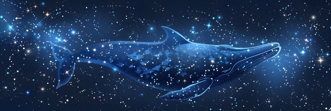 Big crypto whale with Bitcoin emblem swims in digital blue ocean, concept of big market players that own large amounts of cryptocurrency and can influence the price