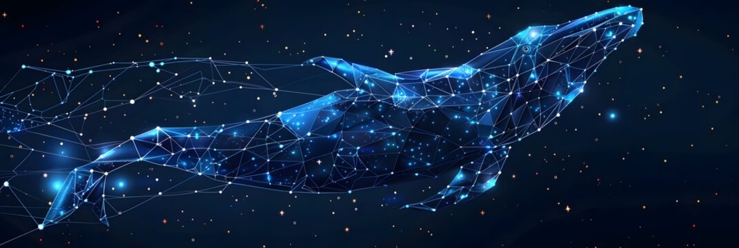Big crypto whale with Bitcoin emblem swims in digital blue ocean, concept of big market players that own large amounts of cryptocurrency and can influence the price