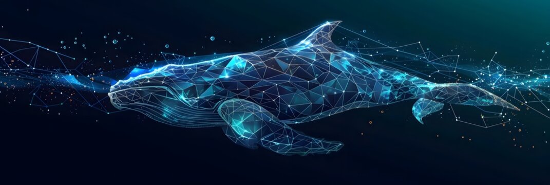 Big crypto whale with Bitcoin emblem swims in digital blue ocean, concept of big market players that own large amounts of cryptocurrency and can influence the price
