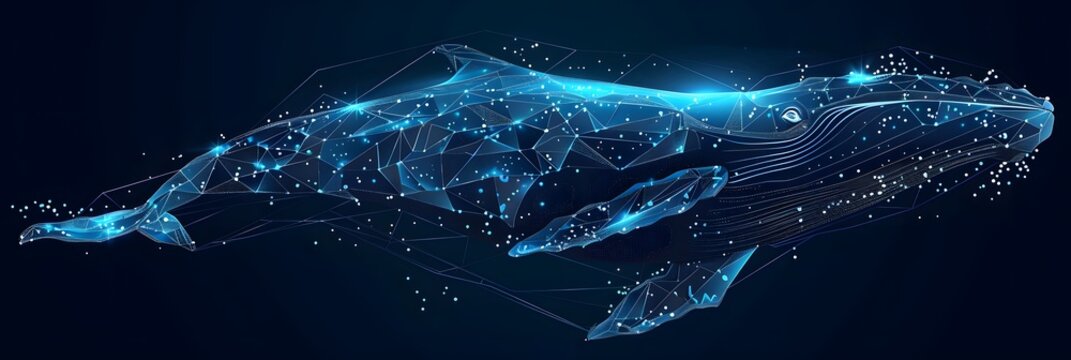 Big crypto whale with Bitcoin emblem swims in digital blue ocean, concept of big market players that own large amounts of cryptocurrency and can influence the price