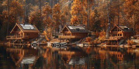 Fototapeta premium several wooden cabins on the shore of an autumn lake, generative AI