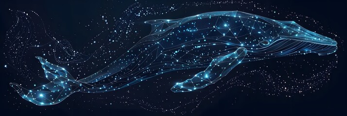 Big crypto whale with Bitcoin emblem swims in digital blue ocean, concept of big market players that own large amounts of cryptocurrency and can influence the price