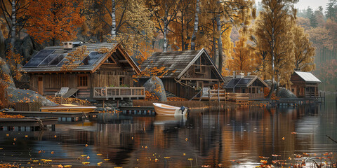 Obraz premium several wooden cabins on the shore of an autumn lake, generative AI