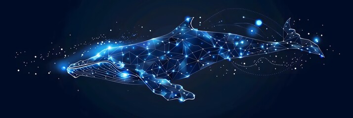 Big crypto whale with Bitcoin emblem swims in digital blue ocean, concept of big market players that own large amounts of cryptocurrency and can influence the price