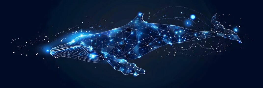 Big crypto whale with Bitcoin emblem swims in digital blue ocean, concept of big market players that own large amounts of cryptocurrency and can influence the price