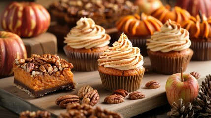Autumn cupcakes with creamy frosting, pecans, and pumpkins. Seasonal desserts perfect for fall celebrations. Cozy, delicious treats.