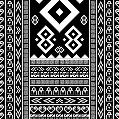 8-bit monochrome pixel art Ethnic fabric patterns in black and white vector.