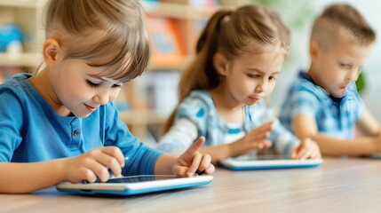 Three young children using tablets, engaged in educational activities in a classroom setting, promoting digital learning and technology in education.