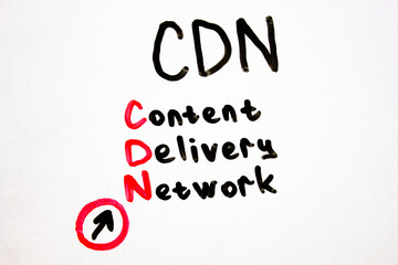 CDN Content Delivery Network text,acronym written in marker on a white board. CDN concept.